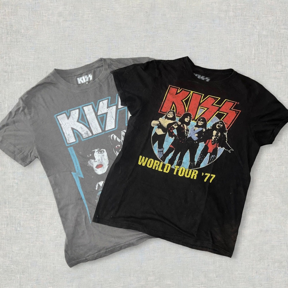 KISS Band T-Shirt Lot of 2 World Tour 77 Faces Black Gray Unisex S M